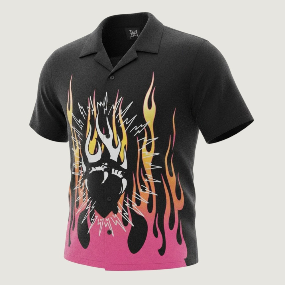 New Ed Hardy Button Up Shirt Mens Large Black Flame Tattoo Vintage Art